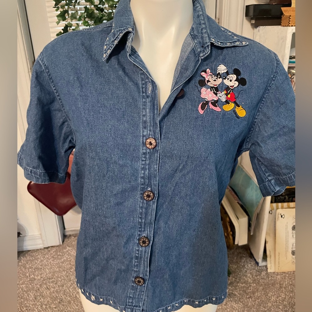Vintage Disney Mickey Minnie Short Sleeve Denim Shirt
